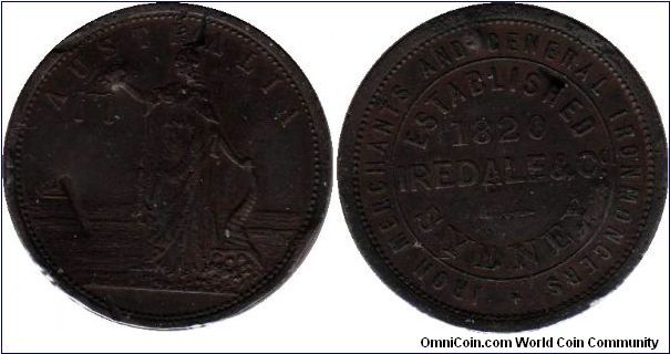 Iredale and Co. Sydney 1 penny - dented.  The date 1820 represents the year Iredale and Co. was established. These tokens were produced until 1899.
