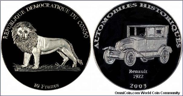 Renault 22 vintage car on Congo 10 francs.
We have seen these cupro-nickel proofs offered on eBay as silver. This is almost understandable as they do look good. Some were sold by the Israeli Government Coins & Medals Corporation, who may also have minted them.