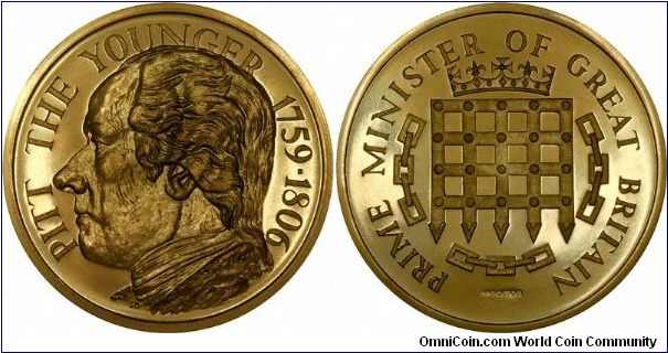 William Pitt the Younger, British Prime Minister from 1783 to 1801, and again from 1804 until his death. Large gold medallion, one of 6 piece set of UK PM's.