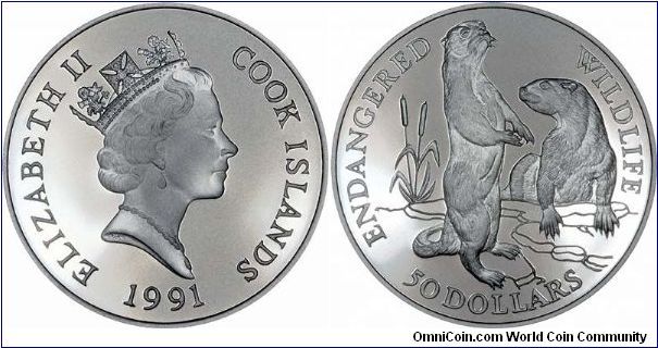 European otters on reverse of 1991 Cook Islands silver proof 50 dollars, part of a 12 coin endangered wildlife set issued in 1991, struck by the Royal Mint.