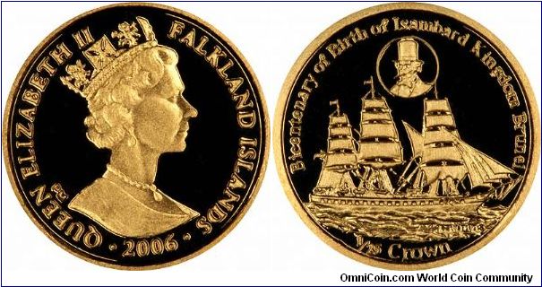 Isambard Kingdom Brunel on reverse of 2006 Falkland Islands gold 1/25th crown. Part of the so called 'World's Finest Gold Miniatures Collection'