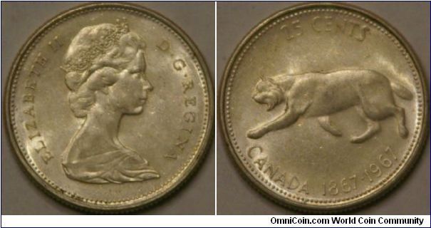 25 cents, Canada centennial, with a bobcat. 24 mm, 50% Ag
