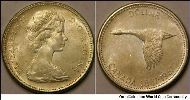 1 dollar, Canada Centennial, with a Canadian Goose. 36 mm, Ag