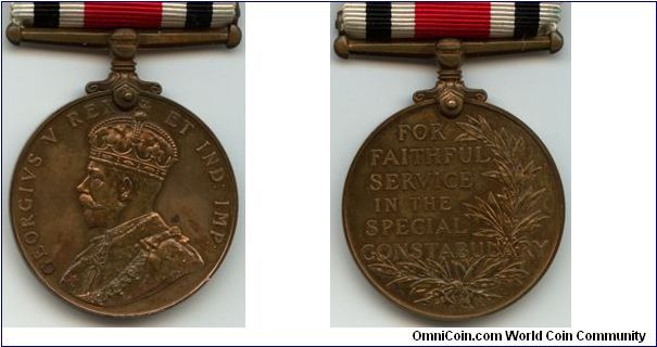 A medal for faithful service in the special constabulary. Special Constabulary is the part-time volunteer section of a statutory police force in the United Kingdom or some Crown dependencies. Its officers are known as Special Constables or informally as Specials. It was a awarded to a Mr. Herbert Tyson. Unfortunately I do not know when. 1930 was inserted only so that the coin can be uploaded