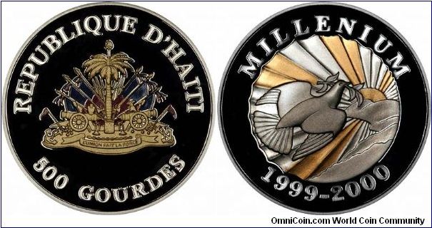 Symbolic dove flying through the rays of a new dawn of the new millennium. Part of a 24 piece silver proof crown collection for the millennium.
Obverse is also colour printed, but not clearly shown in our photo. Dual dated 1999 - 2000.