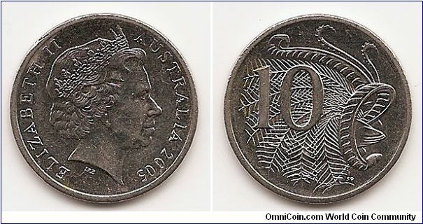 10 Cents
KM#402
5.6600 g., Copper-Nickel, 23.6 mm. Ruler: Elizabeth II Obv:
Head with tiara right Obv. Designer: Ian Rank-Broadley Rev:
Superb Lyre-bird Rev. Designer: Stuart Devlin Edge: Reeded
