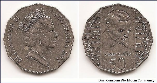 50 Cents
KM#294
15.5000 g., Copper-Nickel, 31.5 mm. Ruler: Elizabeth II
Subject: Weary Dunlop Obv: Crowned head right Rev: Bust of
Dunlop at center, value below