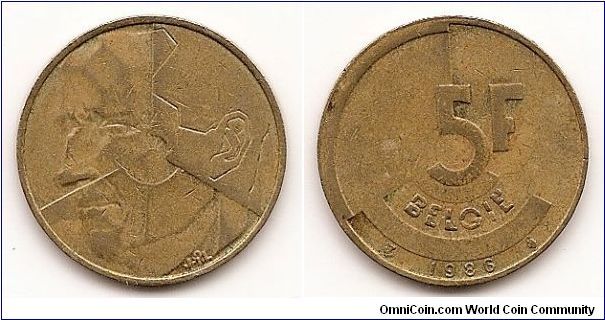 5 Francs
KM#164
Brass Or Aluminum-Bronze, 24 mm. Obv: Face, left, on divided
coin Rev: Stylized denomination, date at bottom, legend in Dutch
Rev. Leg.: BELGIE