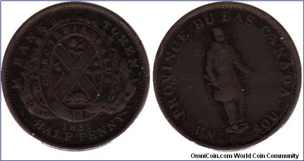 Lower Canada - 1/2 penny Quebec Bank token
