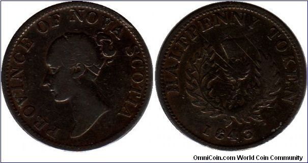 Nova Scotia - Victoria/Thistle halfpenny - scratched. These semi-regal tokens were coined by private firms without the knowledge or consent of the British government. The coiners tried to copy the beautiful image of Queen Victoria from British regal coinage, but were less than successful.