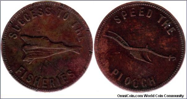 Prince Edward Island - Fisheries/Plough token. Issued by various merchants, these tokens were reportedly struck by Ralph Heaton and Sons in Birmingham, but the 1840 issue must have been antedated as they only began business about 1850. One merchant got these from Heaton for 1s 9d/lb.(90 tokens) and got 3s 9d for 90 tokens in Newfoundland, infuriating the government there and forcing them to issue their own copper currency.