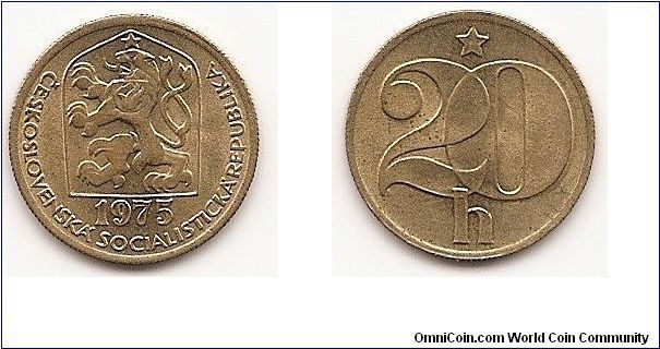 20 Haleru 
Czechoslovakia
KM#74
Brass, 19.5 mm. Obv: Czech lion with socialist shield within
shield, thick date below Rev: Large thick denomination, star
above Note: Varieties exist.