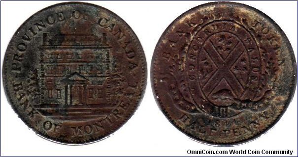 Province of Canada - Bank of Montreal 1/2 penny - Corroded