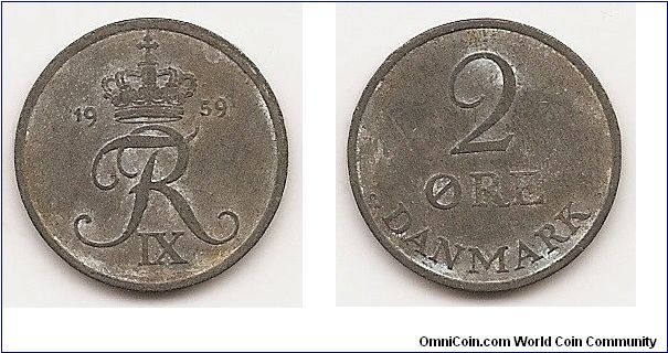 2 Ore
KM#840.2
3.2000 g., Zinc, 20.8 mm. Ruler: Frederik IX Obv: Crowned FR
monogram divides date, IX below Rev: Mint mark, initials C-S
below value