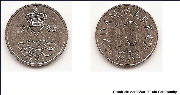 10 Ore
KM#860.3
3.0000 g., Copper-Nickel, 18 mm. Ruler: Margrethe II Obv:
Crowned MIIR monogram divides date, mint mark and initials RB
below Rev: Value flanked by oak leaves