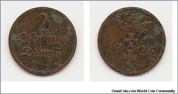 2 Pfennig - Coin of
Danzig (Gdansk)- free  city from 1919 to 1939
KM#141
Bronze Obv: Denomination Rev: Arms divide date