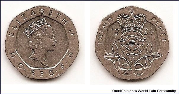 20 Pence
KM#939
5.0000 g., Copper-Nickel, 21.4 mm. Ruler: Elizabeth II Obv:
Crowned head right Rev: Crowned rose