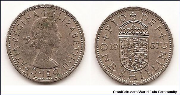 1 Shilling
KM#904
Copper-Nickel, 23.5 mm. Ruler: Elizabeth II Obv: Laureate bust
right Obv. Leg.: without BRITT OMN Rev: Crowned English
shield divides date