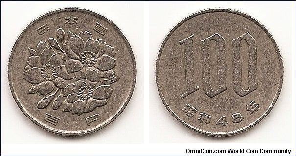 100 Yen
Y#82
4.2000 g., Copper-Nickel, 22.5 mm. Ruler: Hirohito (Showa)
Obv: Cherry blossoms Rev: Large numeral 100 in center