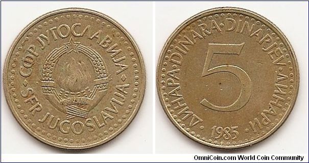 5 Dinara- Socialist Federal Republic -
KM#88
5.5000 g., Nickel-Brass, 24 mm. Obv: State emblem Rev: Denomination Edge: Milled