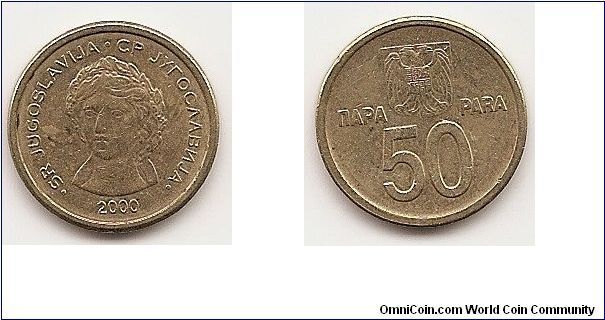 50 Para FEDERAL REPUBLIC
KM#179
3.3000 g., Brass, 18 mm. Obv: Head 3/4 facing Rev: National arms above denomination Edge: Plain