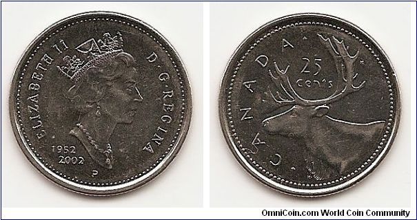 25 Cents
KM#448
Comp.: Nickel Plated Steel Ruler:
Elizabeth II Subject: Elizabeth II Golden Jubilee Obv.: Crowned
head right Size: 23.9 mm. Note: Double-dated 1952-2002.