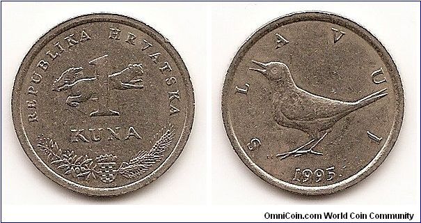 1 Kuna
KM#9.1
5.0000 g., Copper-Nickel, 22.5 mm. Obv: Marten back of numeral,
arms divide branches below Rev: Nightingale left, two dates