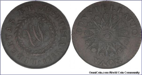 1785 NOVA CONSTELLATIO (Crosby 3-B, R.2.).  NGC AU-50BN.  A lovely piece with two-tone chocolate-brown and medium brown patina. Only one thin mark is detected, near the N in NOVA. Produced from late dies: cracks and crumbling affect NOVA and the pointed rays, as made.