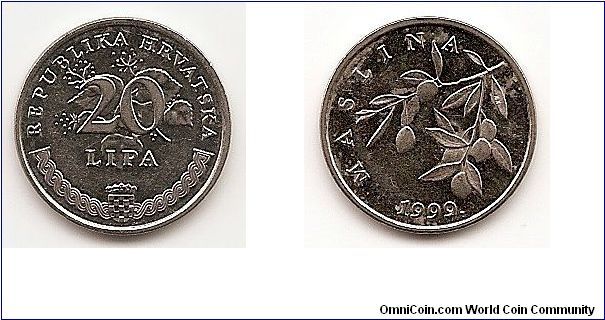 2O Lipa
KM#7
2.9000 g., Nickel Plated Steel, 18.5 mm. Obv: Denomination
above crowned arms on half braid Rev: Olive branch, date below