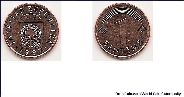 1 Santims
KM#15
Copper-Clad Steel, 15.5 mm. Obv: National arms Rev: Value
flanked by diamonds below lined arch
