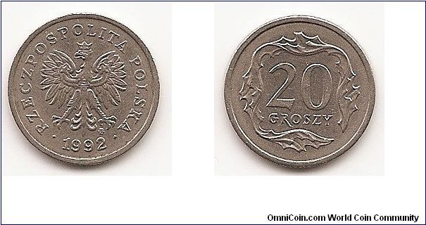20 Groszy
Y#280
3.2200 g., Copper-Nickel, 18.5 mm. Obv: National arms Obv.
Leg.: RZECZPOSPOLITA POLSKA Rev: Value within artistic
design Edge: Reeded