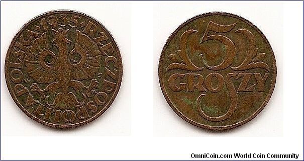 5 Groszy
Y#10a
3.0000 g., Bronze, 20 mm. Obv: Crowned eagle with wings
open Rev: Stylized value