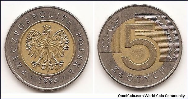 5 Zlotych
Y#284
6.5400 g., Bi-Metallic Brass center in Copper-Nickel ring, 24 mm.
Obv: National arms within circle Obv. Leg.: RZECZPOSPOLITA
POLSKA Rev: Value within circle flanked by oak leaves