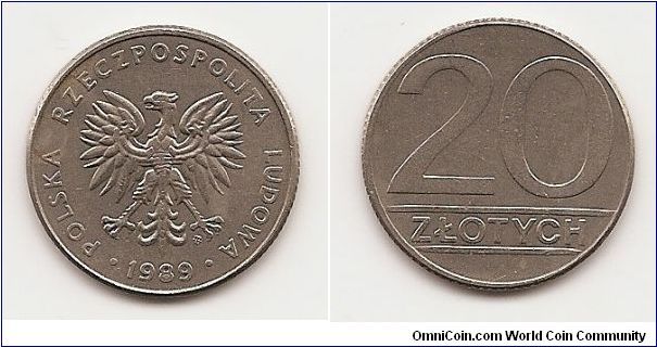 20 Zlotych
Y#153.2
5.6500 g., Copper-Nickel, 24 mm. Obv: Eagle with wings open
Rev: Value Edge: Reeded Note: Reduced size.