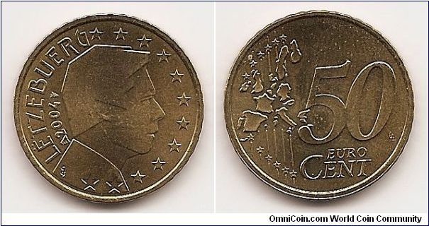 50 Euro cents
KM#80
7.8100 g., Brass, 24.1 mm. Ruler: Henri Obv: Grand Duke's
portrait Obv. Designer: Yvette Gastauer-Claire Rev: Value and
map Rev. Designer: Luc Luycx Edge: Reeded