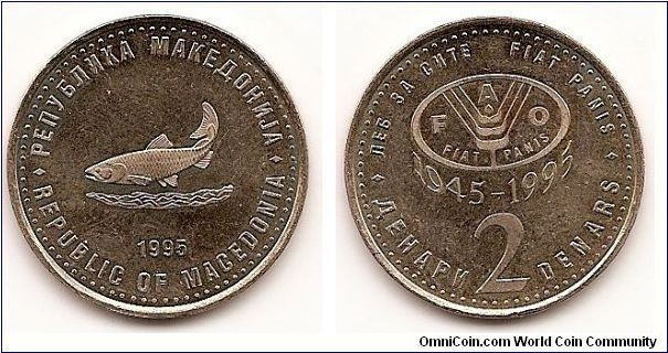 2 Denari
KM#6a
Copper-Nickel-Zinc, 25.5 mm. Series: F.A.O. Obv: Trout above
water Rev: Value below F.A.O. logo