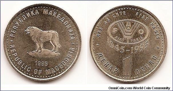 1 Denar
KM#5a
Copper-Nickel-Zinc, 23.7 mm. Series: F.A.O. Obv: Sheep dog
Rev: F.A.O. logo above value