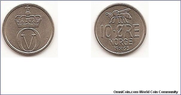 10 Ore
KM#411
1.5000 g., Copper-Nickel, 15 mm. Ruler: Olav V Obv: Crowned
monogram Rev: Honey bee and value, large lettering