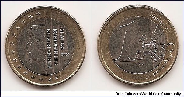 1 Euro
KM#240
7.5000 g., Bi-Metallic Copper-Nickel center in Brass ring,
23.2 mm. Ruler: Beatrix Obv: Half head left within 1/2 circle
and star border, name within vertical lines Rev: Value and map
within circle Edge: Plain and reeded sections