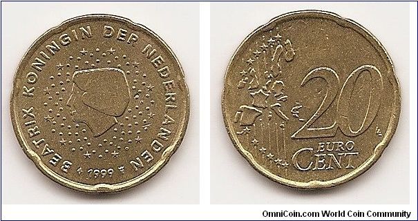 20 Euro cents
KM#238
5.7000 g., Brass, 22.2 mm. Ruler: Beatrix Obv: Head left among
stars Rev: Value and map Edge: Notched