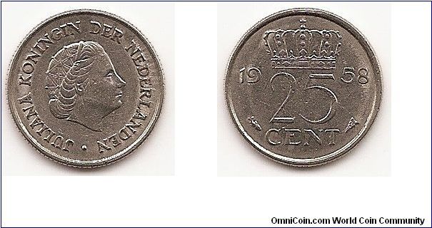 25 Cents
KM#183
3.0000 g., Nickel, 19 mm. Ruler: Juliana Obv: Head right Rev:
Crowned value divides date Edge: Reeded