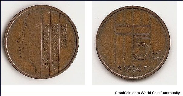 5 Cents
KM#202
3.5000 g., Bronze, 21 mm. Ruler: Beatrix Obv: Head left with
vertical inscription Rev: Value within vertical lines Edge: Plain