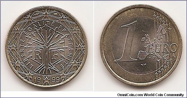 1 Euro
KM#1288
7.5000 g., Bi-Metallic Copper-Nickel center in Brass ring,
23.3 mm. Obv: Stylized tree divides RF within circle, date below
Rev: Denomination and map Edge: Reeded and plain sections