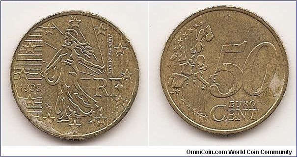 50 Euro cents
KM#1287
7.8100 g., Brass, 24.2 mm. Obv: The seed sower divides date
and RF Rev: Denomination and map Edge: Reeded