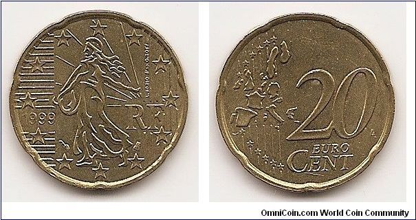20 Euro cents
KM#1286
5.7300 g., Brass, 22.2 mm. Obv: The seed sower divides date
and RF Rev: Denomination and map Edge: Notched