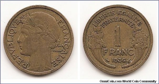 1 Franc
KM#885
4.0000 g., Aluminum-Bronze, 23 mm. Obv: Laureate head left
Rev: Cornucopias flank denomination and date Edge: Plain