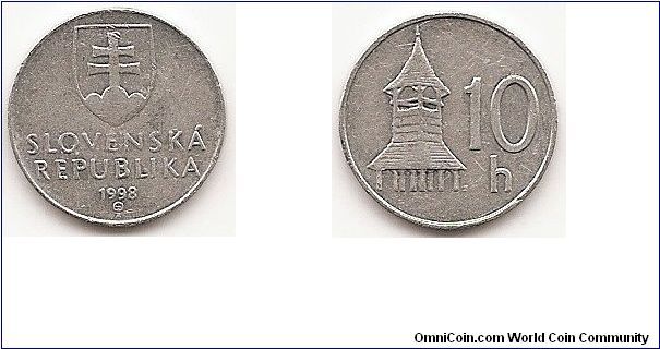 10 Halierov
KM#17
0.7200 g., Aluminum, 17 mm. Obv: Double cross on shield
above inscription Rev: Church steeple Edge: Plain