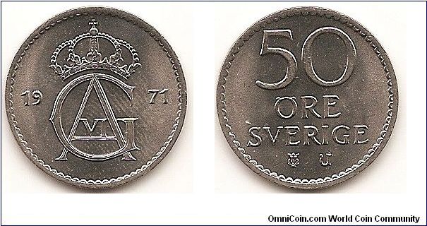 50 Ore
KM#837
4.5000 g., Copper-Nickel, 22 mm. Ruler: Gustaf VI Obv: Crowned
monogram divides date Rev: Value