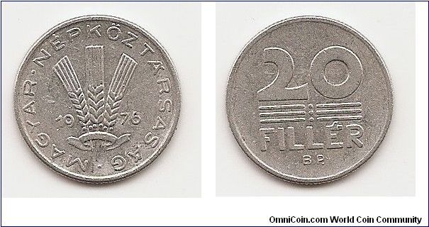 20 Filler
KM#573
0.9000 g., Aluminum, 20.4 mm. Obv: Three wheat ears divide
date Rev: Lines divide denomination Note: Reduced size.