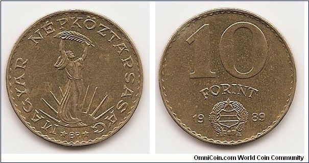 10 Forint
KM#636
6.0100 g., Aluminum-Bronze, 28 mm. Obv: Strobl Monument
Rev: Small shield below denomination Note: Circulation coinage.